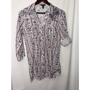 F.A.N.G. Purple Floral Embroidered Shirt Womens Size L Button Down Roll Tab